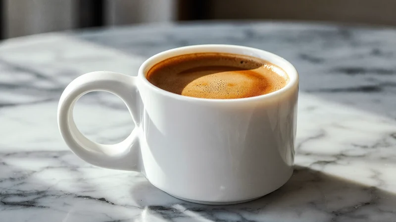 Tazza di ceramica con espresso e crema dorata su un banco di marmo