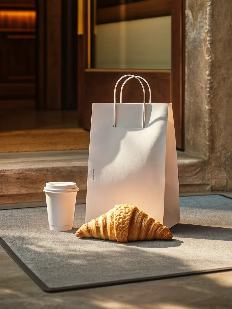 Sacchetto da asporto e caffè con cornetto appoggiati su uno zerbino al mattino