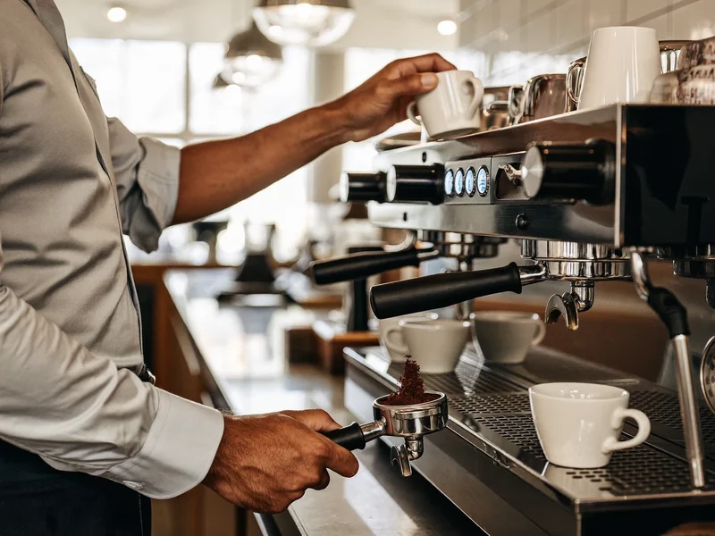 Barista che pressa il caffè macinato nel portafiltro della macchina espresso